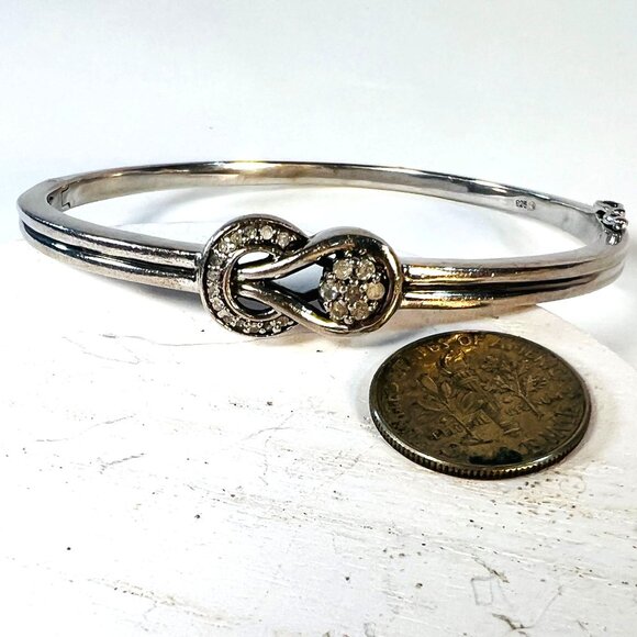 Sterling Silver 925 Infinity Knot Diamond Accented Bangle Hinged Bracelet Safety - Picture 2 of 5